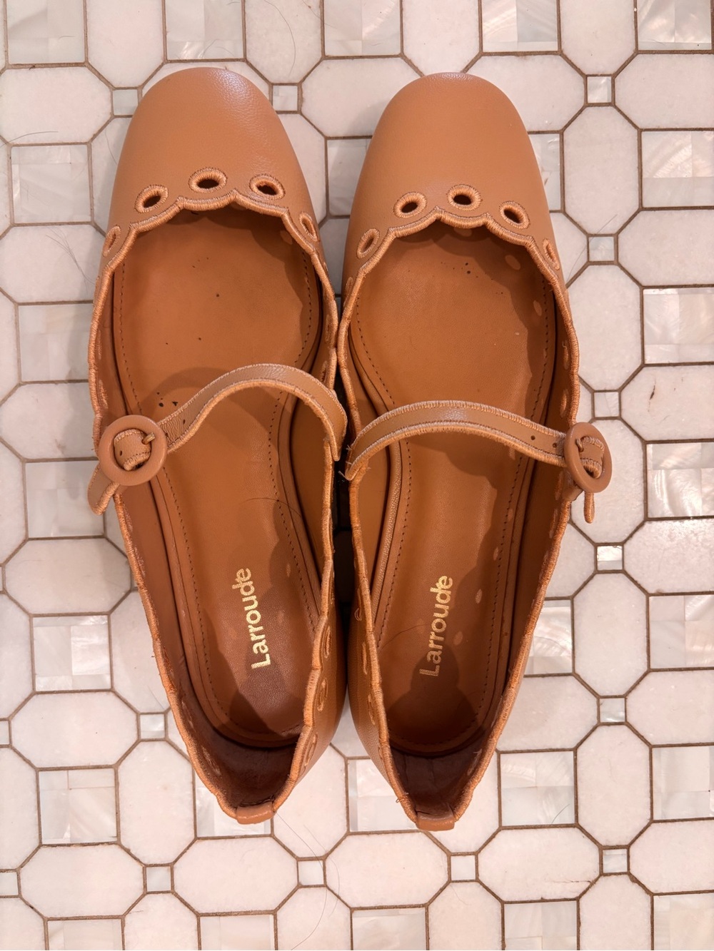 Larroude Tan Blair Broderie Flats size 7.5 excellent condition, worn once